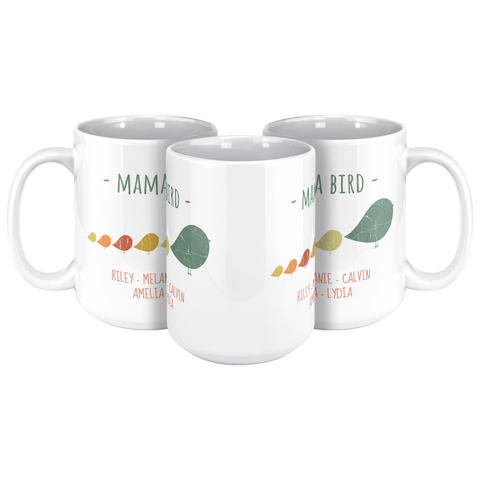 Image of Mama_Bird_with_5_Chicks_Mug_15oz_15ozWhiteMug3pcTriangleView_Mockup.png_15900403