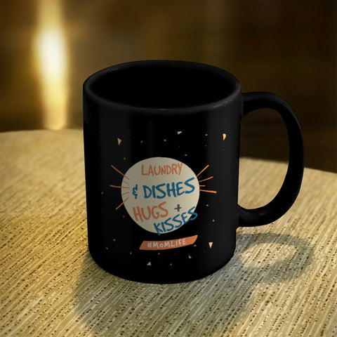 Image of Ceramic Coffee Mug Black Laundry & Dishes Hugs + Kisses