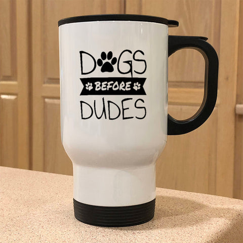 Image of Metal Coffee and Tea Travel Mug Dogs Before Dudes