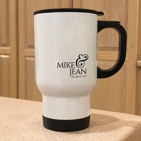 Image of Anniversary Personalized White Metal Coffee and Tea Travel Mug