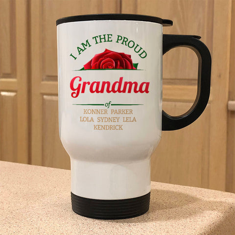 Image of Personalized Roses Proud Grandma White Metal Coffee and Tea Travel Mug