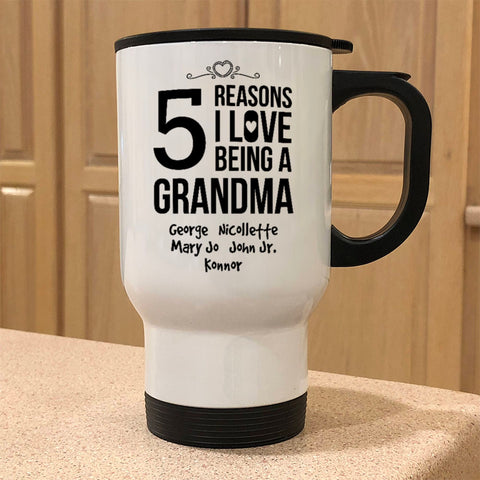 Image of Personalized Reasons Grandma White Metal Coffee and Tea Travel Mug