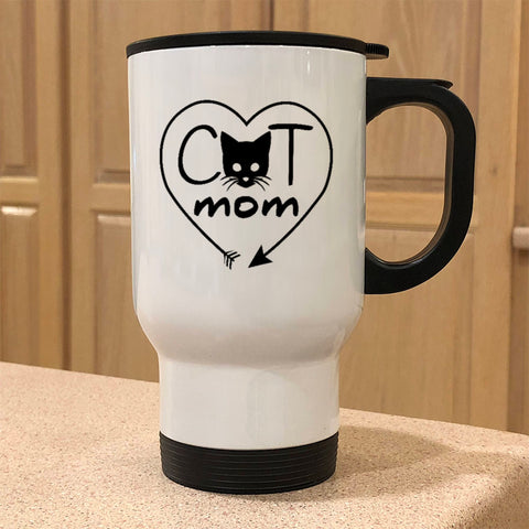 Image of Metal Coffee and Tea Travel Mug Cat Mom Heart Arrow