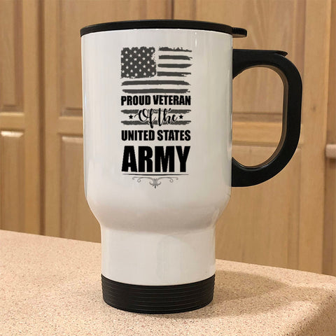 Image of Metal Coffee and Tea Travel Mug Proud Veteran of the United States
