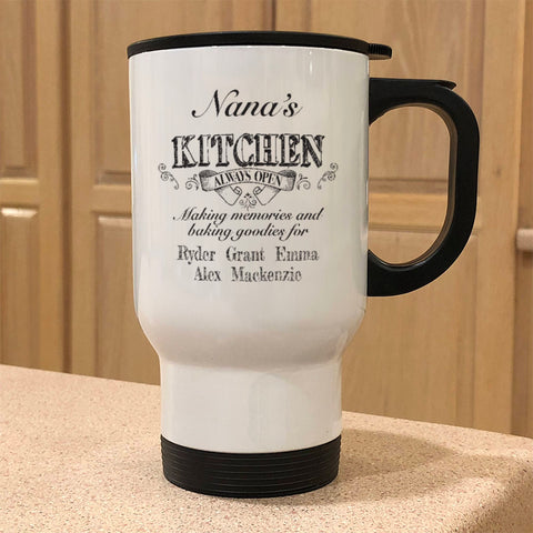 Image of Kitchen Always Open Personalized Travel White Metal Coffee and Tea Travel Mug