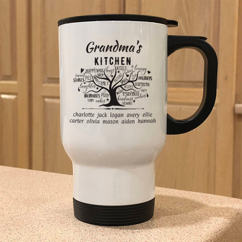 Image of Grandmas Kitchen Personalized White Metal Coffee and Tea Travel Mug