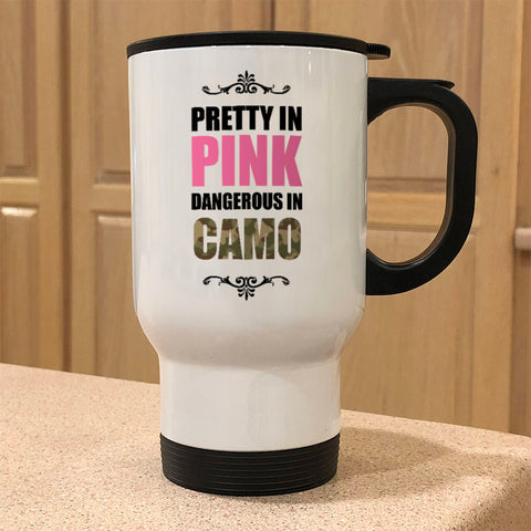 Image of Metal Coffee and Tea Travel Mug Pretty In Pink Dangerous In Camo