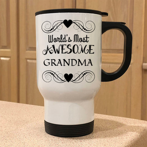 Image of Awesome Grandma Personalized White Metal Coffee and Tea Travel Mug