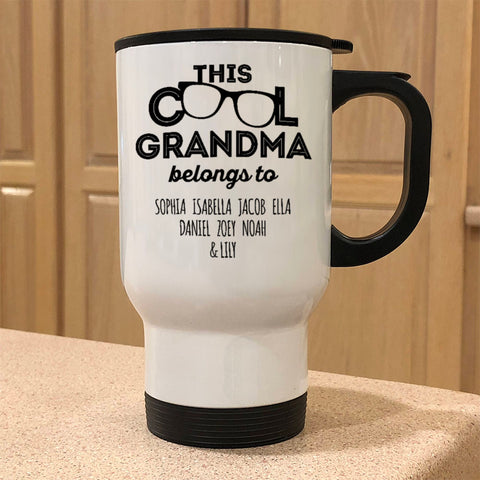 Image of Personalized This Cool Grandma Belongs To White Metal Coffee and Tea Travel Mug