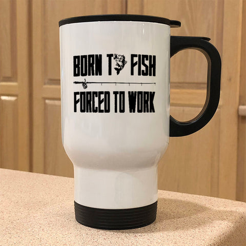 Image of Born To Fish White Metal Coffee and Tea Travel Mug