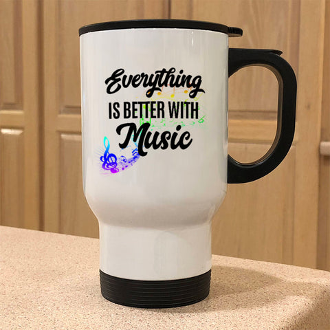 Image of Better With Music White Metal Coffee and Tea Travel Mug