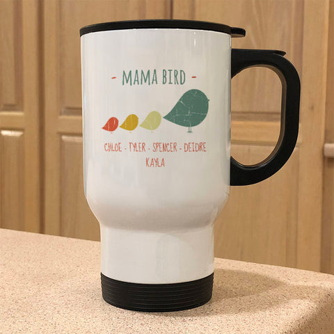 Image of Mama Bird Personalized Metal Coffee and Tea Travel Mug