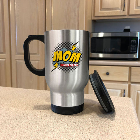 Image of Mom Saves The Day Metal Coffee and Tea Travel Mug
