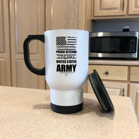 Image of Metal Coffee and Tea Travel Mug Proud Veteran of the United States