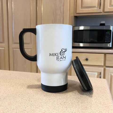 Image of Anniversary Personalized White Metal Coffee and Tea Travel Mug