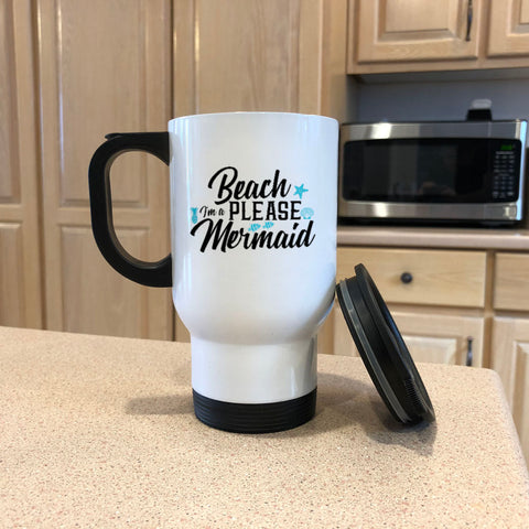 Image of Beach Please White Metal Coffee and Tea Travel Mug