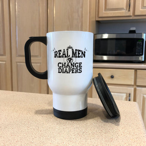 Image of Metal Coffee and Tea Travel Mug Real Men Changing Diapers