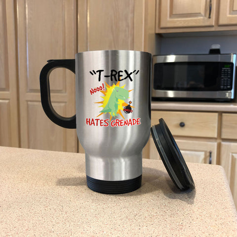 Image of Metal Coffee and Tea Travel Mug T-Rex Hates Grenade