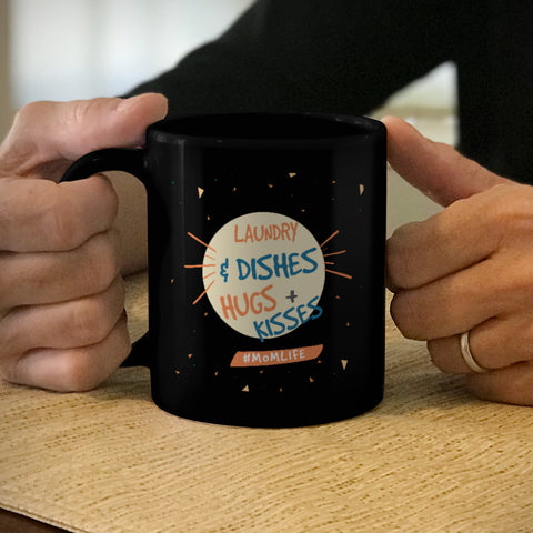 Image of Ceramic Coffee Mug Black Laundry & Dishes Hugs + Kisses