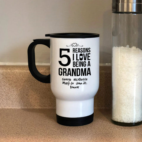 Image of Personalized Reasons Grandma White Metal Coffee and Tea Travel Mug