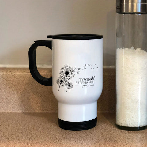 Image of Metal Coffee and Tea Travel Mug Dandelion Love Personalized