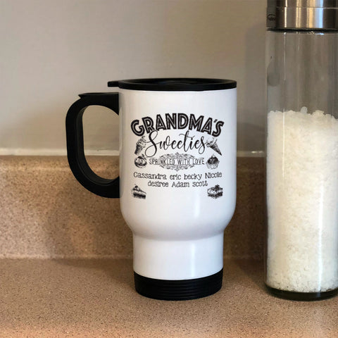 Image of Grandma's Sweeties Personalized White Metal Coffee and Tea Travel Mug