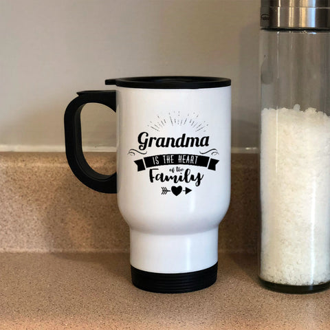 Image of Personalized Metal Coffee and Tea Travel Mug Grandma Is The Heart Of The Family