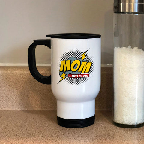 Image of Mom Saves The Day Metal Coffee and Tea Travel Mug
