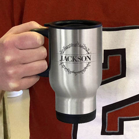 Image of Metal Coffee and Tea Travel Mug Circle Capital Personalized