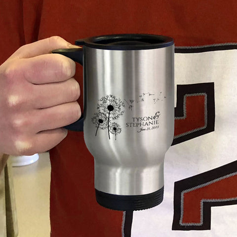 Image of Metal Coffee and Tea Travel Mug Dandelion Love Personalized