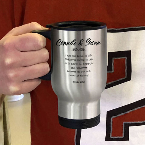 Image of Metal Coffee and Tea Travel Mug John 6:35 Couple Personalized