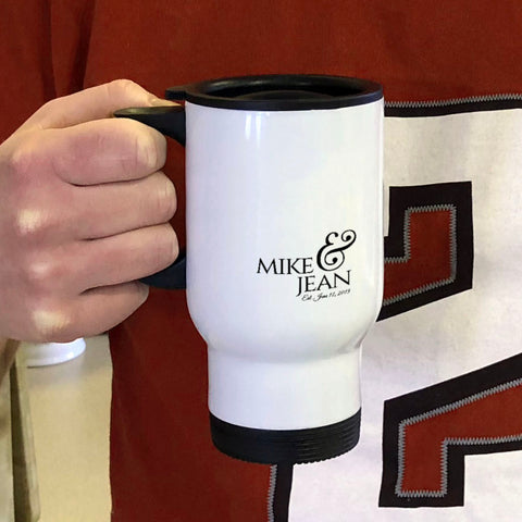 Image of Anniversary Personalized White Metal Coffee and Tea Travel Mug