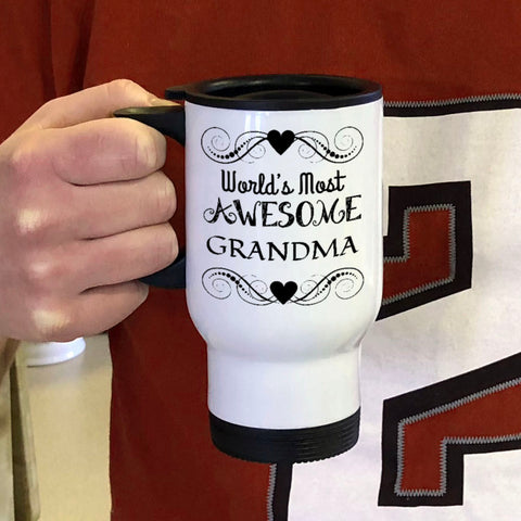 Image of Awesome Grandma Personalized White Metal Coffee and Tea Travel Mug