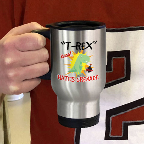 Image of Metal Coffee and Tea Travel Mug T-Rex Hates Grenade