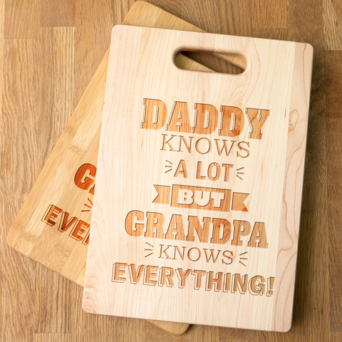 Image of Daddy Knows a Lot but Grandpa Knows Everything Personalized Maple Cutting Board