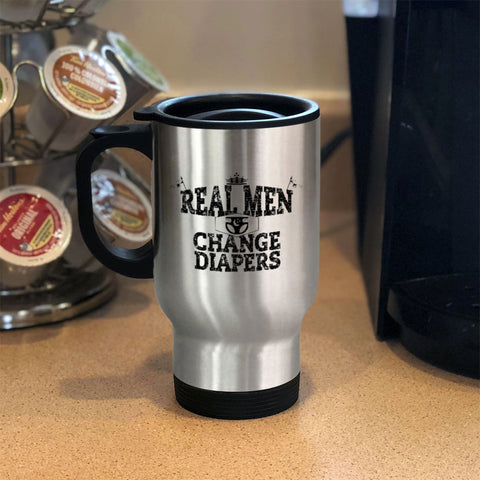 Image of Metal Coffee and Tea Travel Mug Real Men Changing Diapers