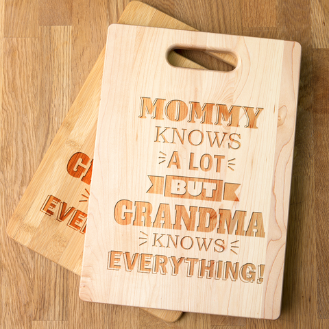 Image of Mommy Knows a Lot but Grandma Knows Everything Personalized Maple Cutting Board