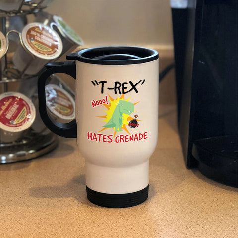 Image of Metal Coffee and Tea Travel Mug T-Rex Hates Grenade
