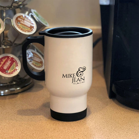 Image of Anniversary Personalized White Metal Coffee and Tea Travel Mug