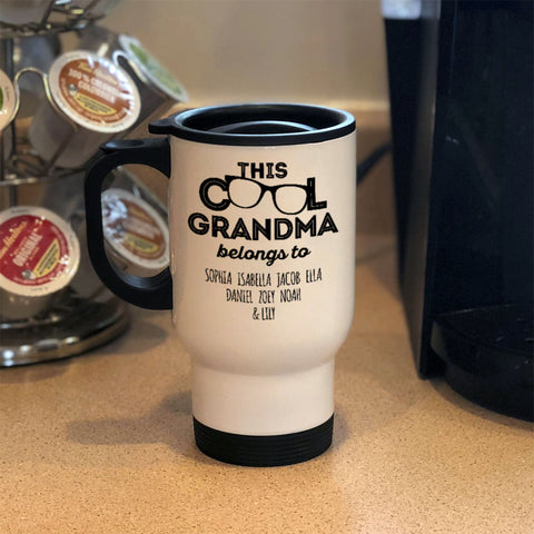 Image of Personalized This Cool Grandma Belongs To White Metal Coffee and Tea Travel Mug