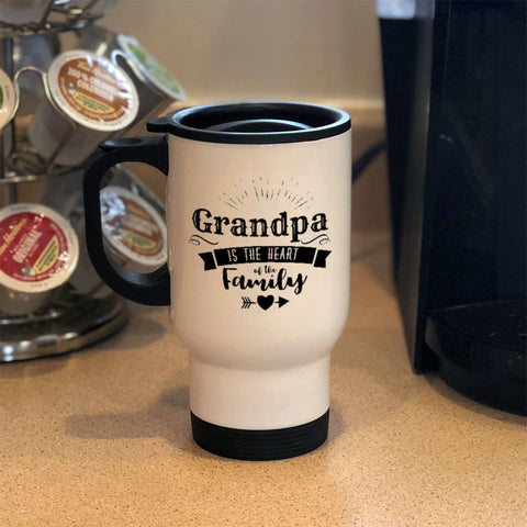 Image of Personalized Metal Coffee and Tea Travel Mug Grandpa Is The Heart Of The Family