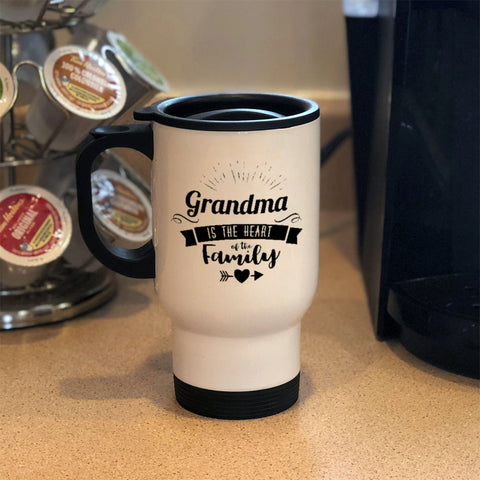 Image of Personalized Metal Coffee and Tea Travel Mug Grandma Is The Heart Of The Family