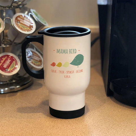 Image of Mama Bird Personalized Metal Coffee and Tea Travel Mug