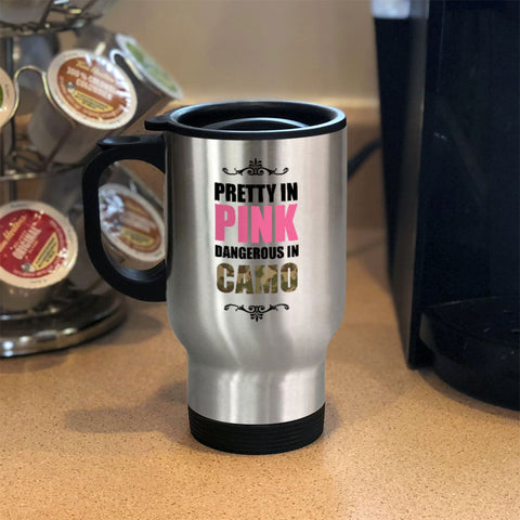 Image of Metal Coffee and Tea Travel Mug Pretty In Pink Dangerous In Camo