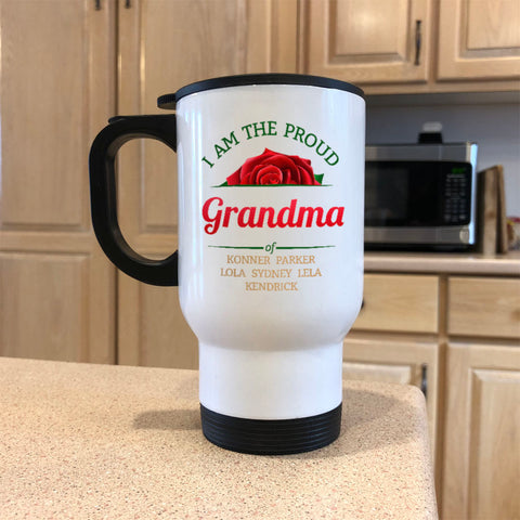 Image of Personalized Roses Proud Grandma White Metal Coffee and Tea Travel Mug