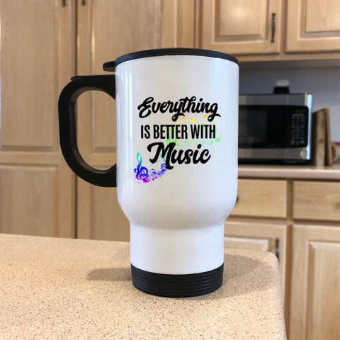 Image of Better With Music White Metal Coffee and Tea Travel Mug