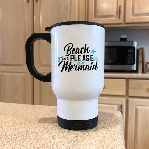 Image of Beach Please White Metal Coffee and Tea Travel Mug
