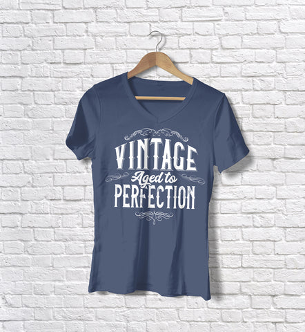 Image of Ladies Cotton V-Neck T-Shirt Vintage Aged to Perfection