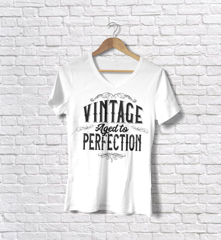 Image of Ladies Cotton V-Neck T-Shirt Vintage Aged to Perfection