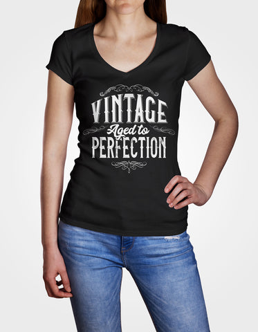 Image of Ladies Cotton V-Neck T-Shirt Vintage Aged to Perfection